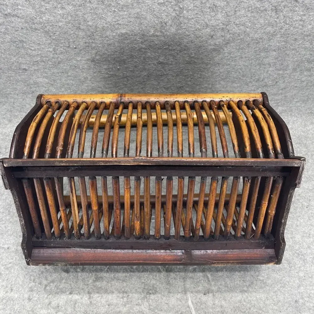 VTG Mid Century Modern Burnt Rattan Tortoise Tiger Bamboo Magazine Rack Basket
